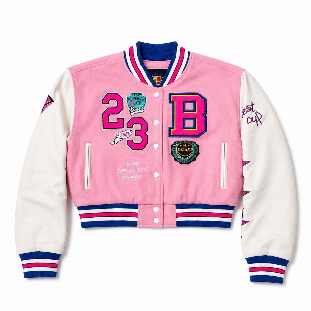 Red Fox Women's Cropped Varsity Jacket Pink Faux Leather Patches Size XL